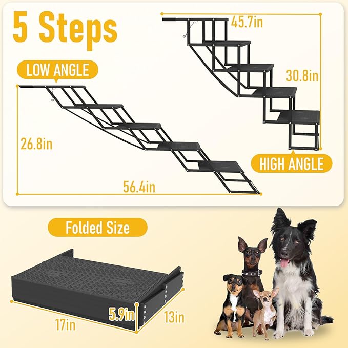 Dog Steps for Car, 5 Steps Foldable Dog Stairs for Large Dogs with Upgraded Non-Slip Surface, Pet Ramp Alternative, Heavy-Duty Plastic Pet Stairs for Vehicles, SUV, Truck, Lightweight & Portable