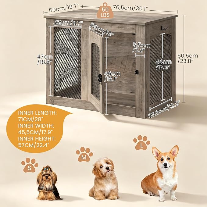 CHOEZON Wooden 30.1" Dog Crate Furniture, Farmhouse Pet Cage End Table with Secure Lock, Ventilated Mesh for Medium Dogs, Dog Kennel Furniture for Living Room, Bedroom, Greige MGW02FH