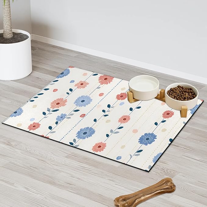 Whispering Spring Floral Dog Food Mat Absorbent Dog Cat Bowl Mat for Food and Water, Quick Dry Pet Feeding Placemats Non-Slip Feeding Mats Pet Supplies, 24" x 32"