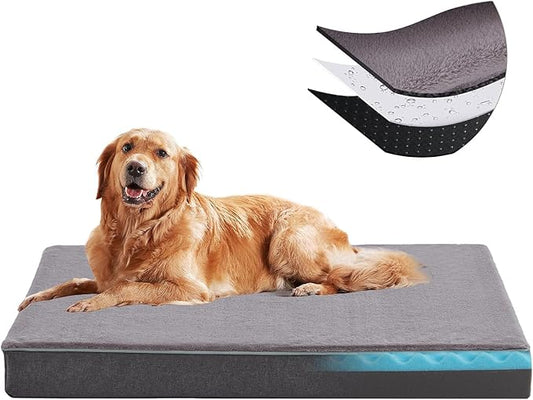 Orthopedic Memory Foam Dog Bed for Large Dogs, Cooling Gel Dog Crate Mat with Removable Washable Cover & Non-Slip Bottom, Ideal for Arthritic Dogs Up to 90lbs (Grey, X-Large: 41" x 29" x 4")