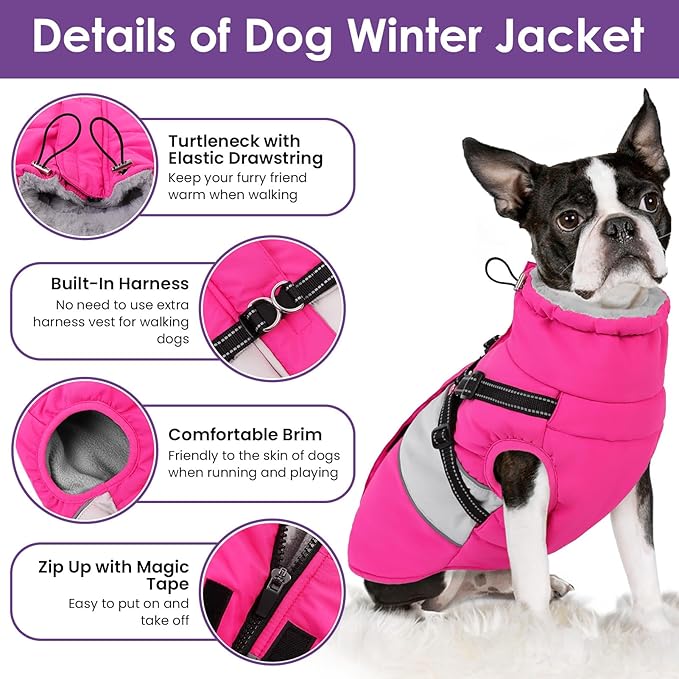 Dog Coat for Large Dogs, Warm Pet Jacket Winter with Harness Built in, Waterproof Pet Snow Jacket with Furry Collar, Reflective Fleece Snowsuit for Extra Large Dogs, Hot Pink XL