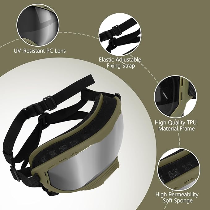 Dog Goggles for Medium to Large Breeds, UV Protection Dog Sunglasses with PC Lens, Soft TPU Frame and Adjustable Straps, Windproof Dustproof Anti-Fog Pet Eyewear for Outdoor Activities (Green Frame)