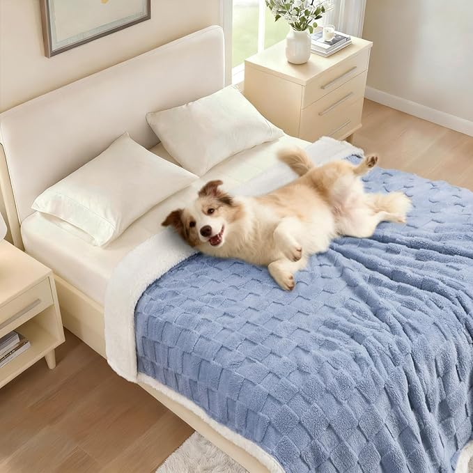 Luciphia Waterproof Dog Blanket, Leakproof Large Pet Blanket for Couch Sofa Bed Furniture Cover Protector, Washable Soft Sherpa Fleece with 3D Jacquard, Cozy Calming Reversible, Blue White, 65"x57"