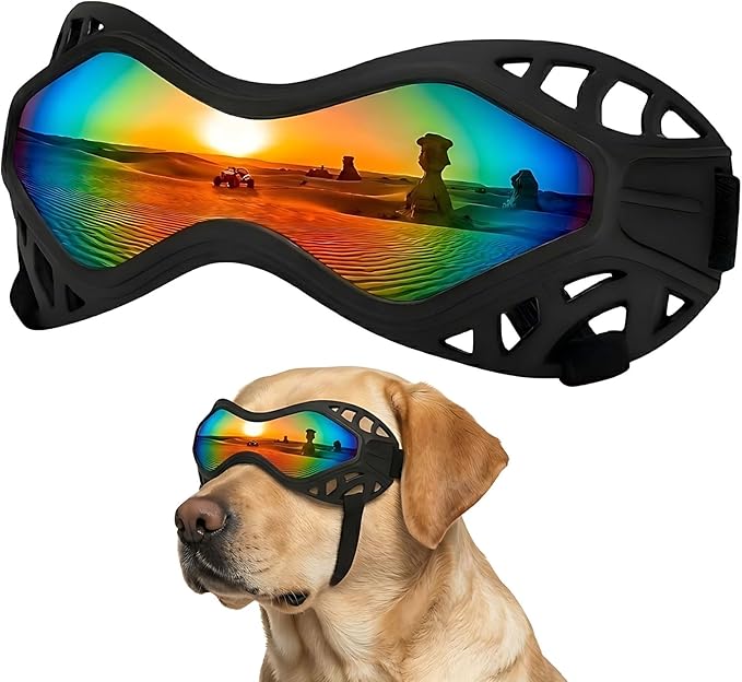 Dog Goggles for Medium to Large Breeds, Adjustable UV Protective Sunglasses with Soft TPU Frame and PC Lens, Windproof & Dustproof Pet Eye Wear for Outdoor Riding, Skiing and Driving (Colored Lens)