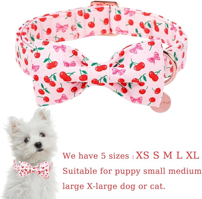 Spring and Summer Dog Collar with Bow Tie, Spring Cherry Bowtie Collar for Girl Boy Dog with Metal Buckle, Pink Bow Collar for Dogs, XS