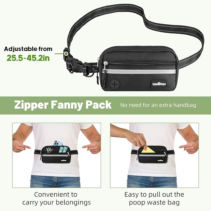 VavoPaw Hands Free Dog Leash for 2 Dogs with Pouch, Waist Leash for Dog Walking, Retractable Leashes with Dual Padded Handles, Adjustable Reflective Belt for Small Medium Large Dogs, Black Green
