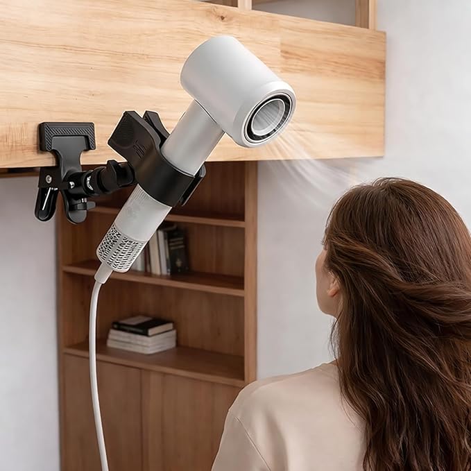360 Degree Rotating Hands Free Hair Dryer Holder Sturdy Metal Base and Strong Clamp Adjustable and Flexible Blow Dryer Stand for Easy Styling Stable and Easy Installation