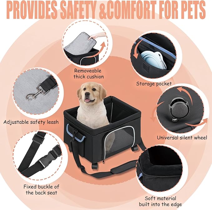 4-in-1 Cat Car Seat and Cat Carrier with Removable Wheels Booster Car Seats for Small Dogs Cats Comes with Shoulder Strap Clip-On Safety Leash and Thickened Pads, Pet Travel Carrier Bed up to 15lbs