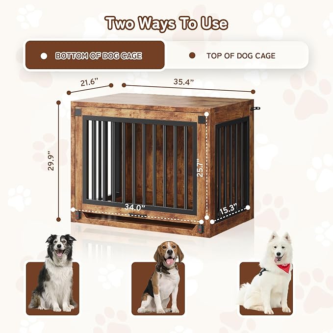 Jocoevol Dog Crate Furniture - 35'' Wooden Dog Kennel for Dogs up to 50 lb, Medium Dog Crate with Hidden Sliding Door, Heavy Duty Dog Cage with Safety Latch and Quiet Pads, Rustic Brown