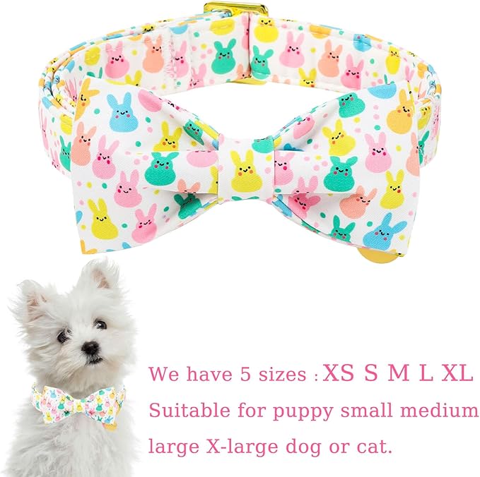Easter Dog Collar with Bow Tie, Cotton Bunny Bowtie for Large Girl Boy Dog, Cute Rabbit Pet Collar with Metal Buckle, Gift, XL