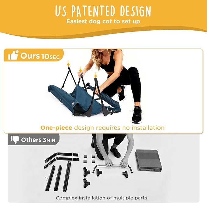 CANINE CANYON Folding Raised Dog Cot, Large Outdoor Elevated Dog Bed with Upgraded Non-Slip Feet, Cooling Chew Proof Portable Heavy Duty Pet Cot Up to 160 lbs for Camping/Home, Dark Blue, 43"x27"