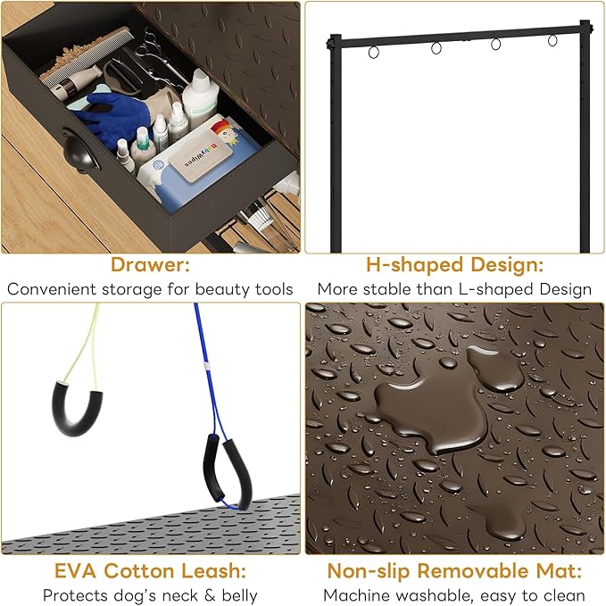 Dog Grooming Table with Drawers and Mesh Tray,32 Inch Adjustable Pet Grooming Table with Non-slip Removable Washable Mat and EVA Protective Lanyard ,Professional Grooming Table for small Dogs at Home