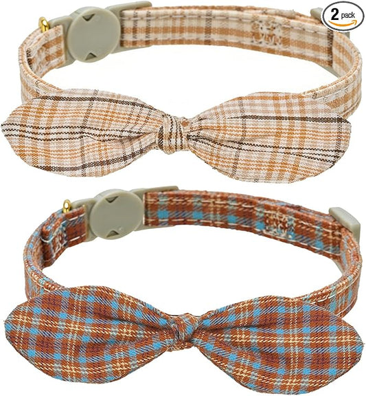 Cotton Bowtie Cat Collar with Bell 2 Pack Plaid Breakaway Kitten Collars with Removeable Bunny Ear Bow(Amber+Beige)