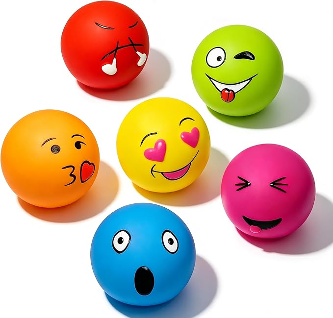 HOLYSTEED Soft Latex Squeaky Balls for Small Dogs, 6-Pack Emoji Squeaky Dog Toys - 2-Inch Rubber Bouncy Fetch Toys, Assorted Colors for Indoor Outdoor Puppy Play
