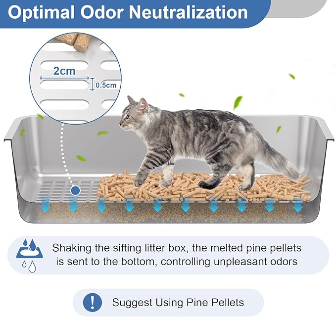 Stainless Steel Sifting Litter Box with Lid, Sifting Cat Litter Box for Pine Pellets & Small Cats,Metal Pellet Sifter Litter Pan System for Odor Control,Sifting Box Liners & Scoop