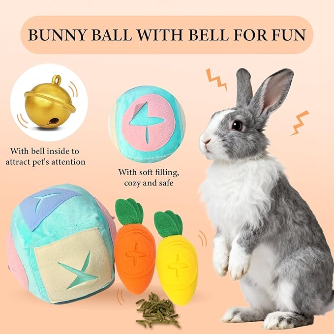 Large Rabbit Foraging Toy with Bell, Washable Puzzle Feed Game Rabbit Toy for Bunnies Boredom, Snuffle Ball Treat Dispenser Exercise Bunny Enrichment Toys, Bunny Toys for Indoor Bunnies(Blue)