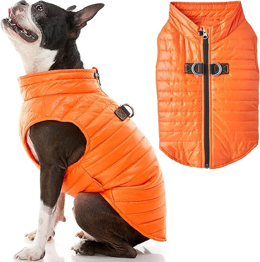 Gooby Puffer Vest Dog Jacket - Orange, Small - Ultra Thin Zip Up Wind Breaker with Dual D Ring Leash Water Resistant for Small to Medium Dogs