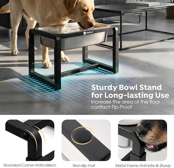 Veehoo 2.4 Gallon Elevated Dog Water Bowl, Stainless Steel Raised Dog Water Bowl Stand for Large Breeds, 3 Adjustable Heights Tall Dog Feeding Station for Relief Joint Pressure, Indoor & Outdoor