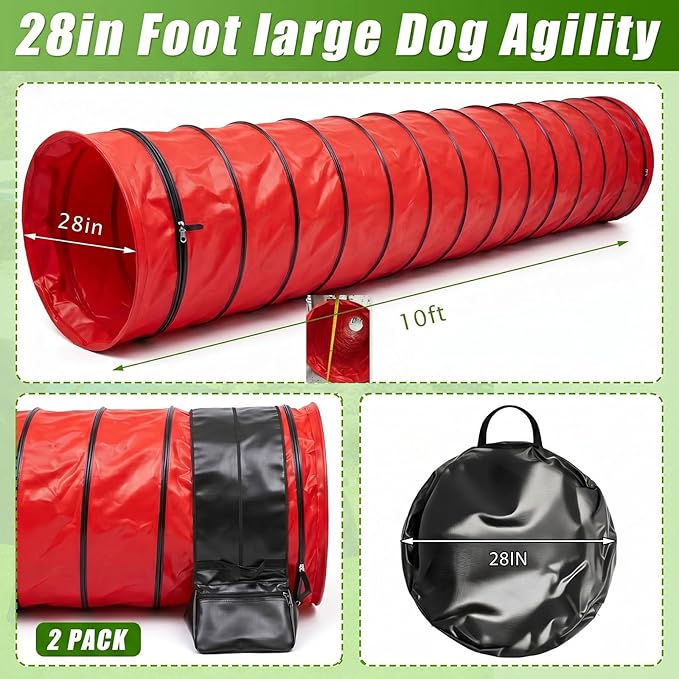 Briwooody 24 in 10 Foot PVC Dog Agility Tunnel with Sandbags Dogs Agility Training Equipment Tunnel with 2 Pack Sandbags, Carry Bag and 4 Ground Spikes for All Medium Large Dogs(Red)