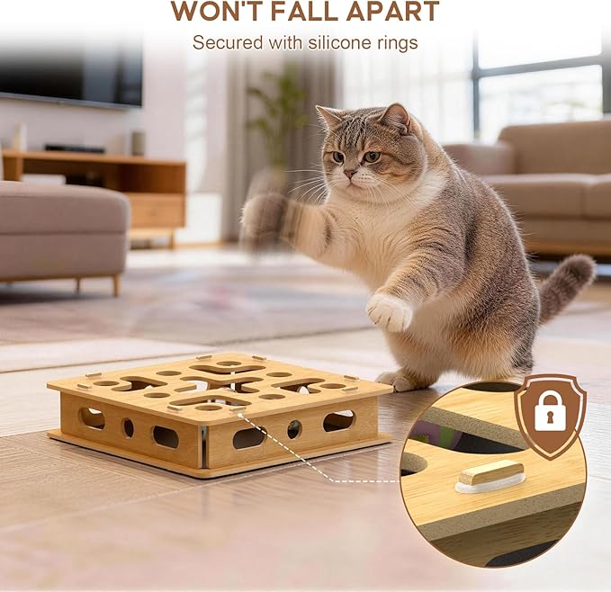Cat Nail File Box with 3 Sandpaper Pads & 4 Bell Balls, EIODEAR Sturdy Wood Self-Grooming Scratcher for Treat-Motivated Cats, Interactive Cat Scratch Puzzle Enrichment Box with Silicone Security Rings
