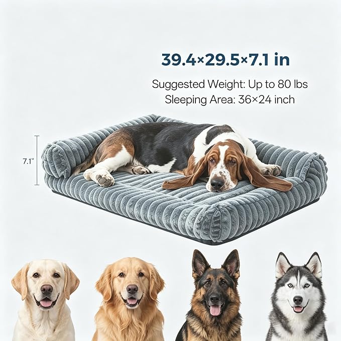 Orthopedic Dog Bed for Large Dogs with Washable Dog Bed Cover, Oeko‑TEX Certified Memory Foam Dogs Bed with Sides L-Shaped, Removable Cover, Pet Couch Bed Non-Slip, XL Dog Bed 39.4"×29.5", Grey