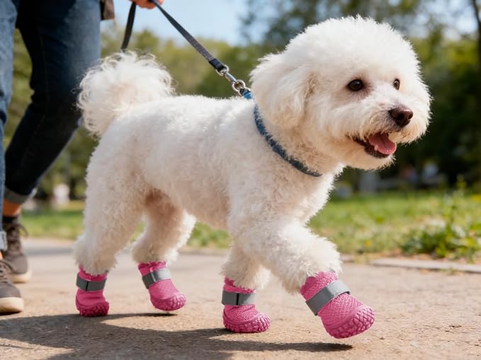 Dog Shoes Breathable Non-Slip Outdoor Booties for Small Medium Dogs, Pet Boots Paw Protector for Hot Pavement Hardwood Floors (Pink, Small)
