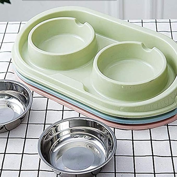 Double Dog Cat Food Bowls, Stainless Steel Pet Bowls Dog Water Bowls with No-Spill and Non-Skid PP Station, Food Water Feeder for Cats and Small Dogs