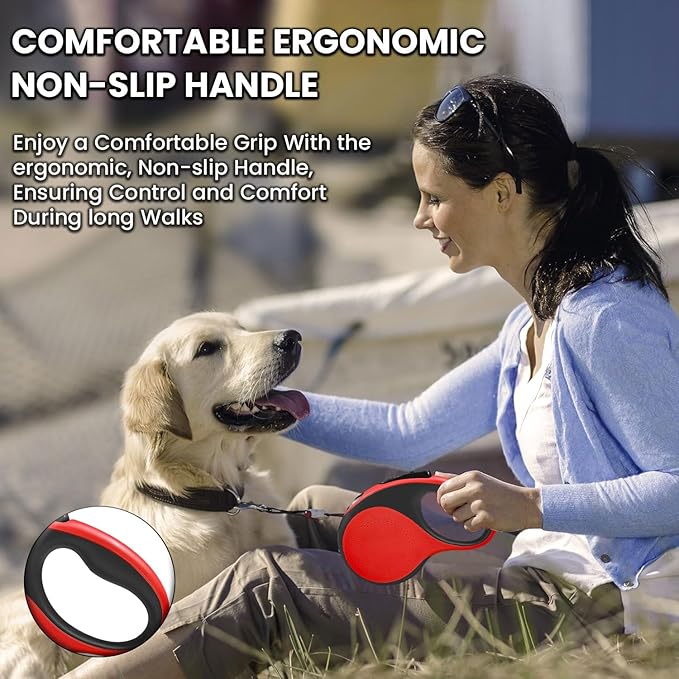 Best Dog Supplies Retractable Thick Dog Leash for S, M, Large Dogs with Bag Dispenser and Flashlight, 26ft/8M for Dogs up to 110lbs Pet Leash One Button Break Retractable Color - Red