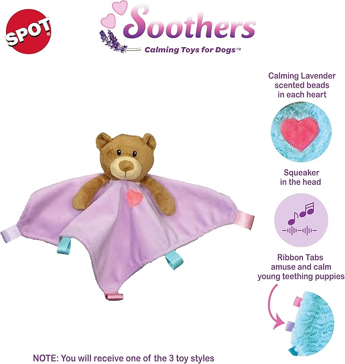 SPOT Soothers Lil Plush Blanket Dog Toy - 10in Soft Cuddle Blanket with Squeaker & Crinkle, Anxiety Relief & Sleep Aid for Small Dogs - 1 of 3 Animal Styles, Sent at Random