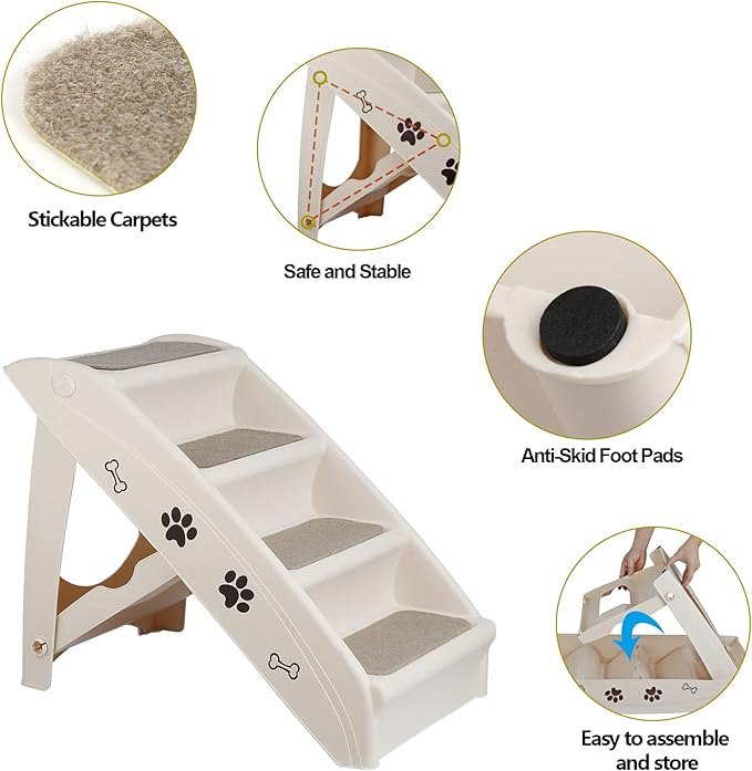 Dog Stairs for High Beds, Foldable Pet Steps Ramp with Non-Slip Bottom for Cats and Small Dogs, for Couch, Car, Portable Waterproof Dog Steps, Beige