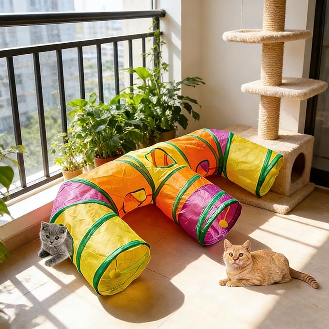 3 Way Collapsible Cat Tunnels with Interactive Ball, E Shape Folded Pet Tube Toy for Indoor Cats, Puppy, Kitty, Kitten, Rabbit
