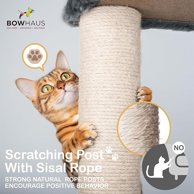 BOWHAUS Floor to Ceiling Cat Tree, Adjustable Height 104”-115” Multi-Tier Cat Climbing Tower w/Itching Scratcher, Cozy Hammock, Interactive Playball, Platforms for Indoor Cats, Dark Grey