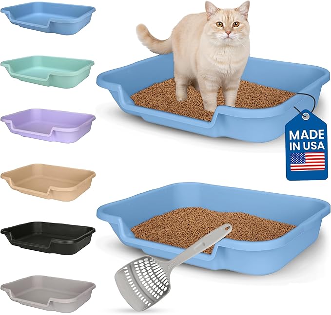 KittyGoHere Senior Cat Litter Box, Large Litter pan with Long-Handle Jumbo Scoop, Open Top Low Entrance Kitty Litter Box, Lightweight Low Entry Litters Box, Durable, Made in USA (2 Pack - Blue)