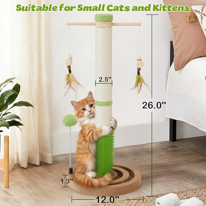 Cat Scratching Post, 26 Inch Tall Scratching Posts for Indoor Small Cats and Kittens, Sisal Cat Scratch Post with Hanging Toys, Rubber Brush and Double-Layer Interactive Wooden Ball Track
