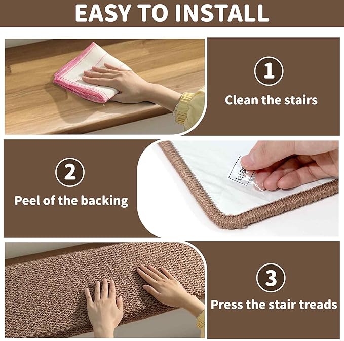 Brakki Bullnose Carpet Stair Treads, Non Slip Stair Treads for Wooden Steps Indoor, Stair Runner, Soft Stair Rugs for Pets, Edging Stair Protectors, Washable, 29.5"x9.5"x1.5" 2pcs, Camel Brown