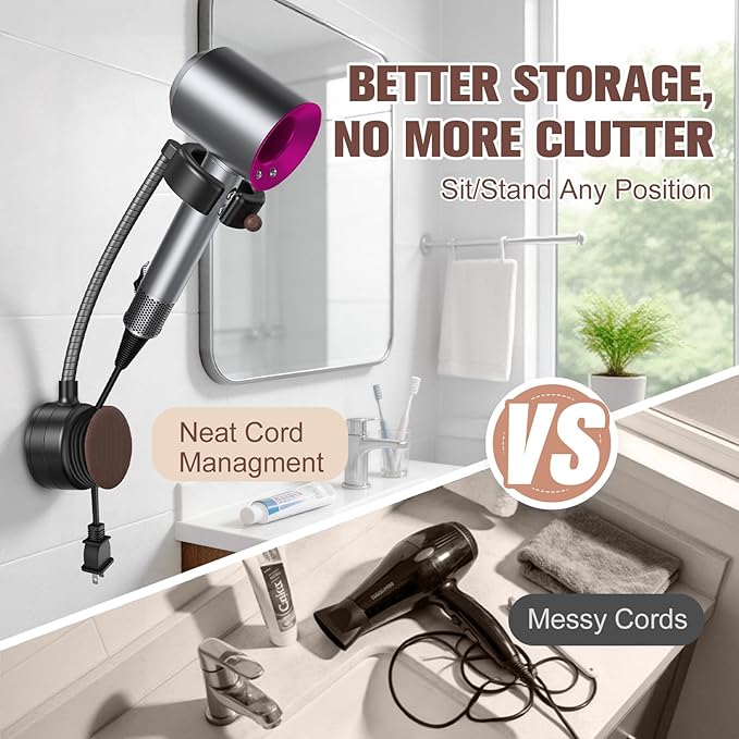 SEANCHEER Hands Free Hair Dryer Holder Wall Mount, 360° Rotating Adjustable Height Suction Cup Blow Dryer Holder, No Drill Installation, Damage-Free Wall, with Cord Storage for Most Hair Dryers