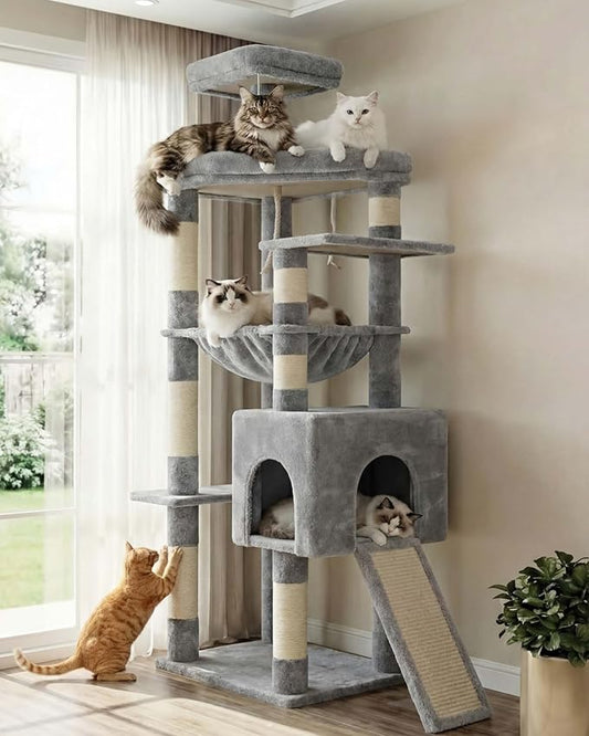 Heybly Heavy Duty Cat Tree, 64.2-Inch Tall Tower for Large Indoor Cats with Widened Structure, Cat Furniture with Big Platforms, Extra-Large Hammock, Sisal Scratching Posts & Board, Light Gray HCT027W