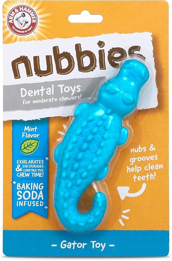 Arm & Hammer Nubbies Gator Dental Chew Toy for Dogs, Mint Flavor, Baking Soda Infused, Scrubbing Grooves to Reduce Plaque and Tartar, No Stuffing, for Moderate Chewers - 2 Pack