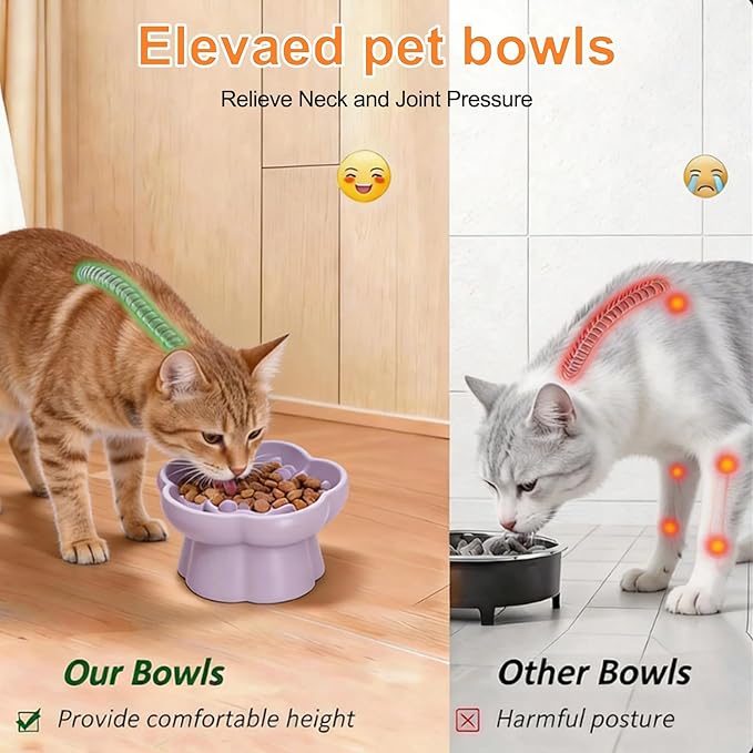 Cat Slow Feeder Flower-Shaped Ceramic Slow Feeder Cat Bowl, Tilted Raised Cat Slow Feeder Bowl for Whisker Relief, Prevents Vomiting & Bloating, Non-Slip Base (White)