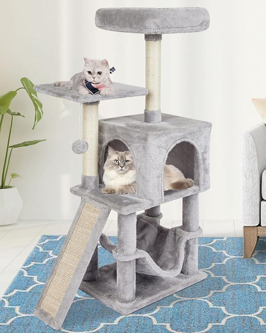 Grey Cute Cat Tree for Indoor Cat Tower with Scratching Post Modern Activity House Hammock Hanging Ball Condo with Board