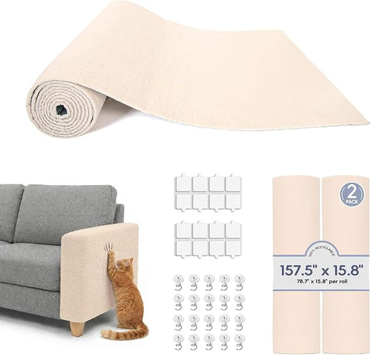 157.5" x 15.8" Cat Scratch Furniture Protector, Self-Adhesive Couch Protector from Cat Claws, Cats Scratching Mat for Sofa, Wall & Door, DIY Cat Scratch Pads Replacement, 2 Pack (Off White)