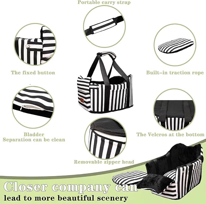 Dog Car Seat for Small Dogs Under 15 lbs – Center Console Pet Carrier with Safety Belt, Storage Pockets, Removable Washable Cover – B&W Stripes, Secure & Comfortable for Small Puppies/Cats