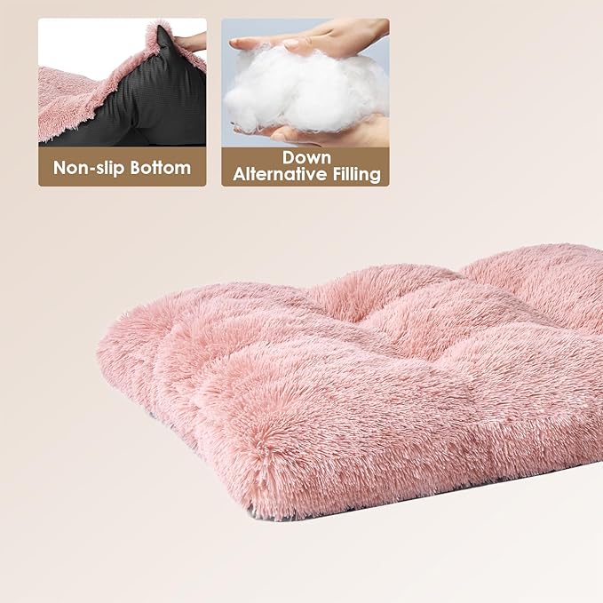 EHEYCIGA Fluffy Dog Crate Bed for Large Dogs, Plush Faux Fur Crate Pad, Calming Anti Anxiety Large Dog Bed, Washable Soft Warm Crate Mat with Non-Slip Bottom, Pink