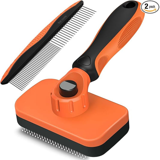 2PCS Self Cleaning Slicker Brush & Dog Comb - Skin Friendly Deshedding Grooming Tool for Dogs, Cats and Small Animals, Professional Deshedding Dematting Tool for Long and Short Haired Pets (Orange)