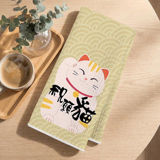2 Pcs Japanese Lucky Cat Kitchen Towels 24x14 Inch, Maneki Neko Gifts Reusable Dish Towels for Kitchen Bathroom Decor, Waffle Weave Hand Cloth Tea Towel, Cute Cat Lover Gifts for Women Mom Friend
