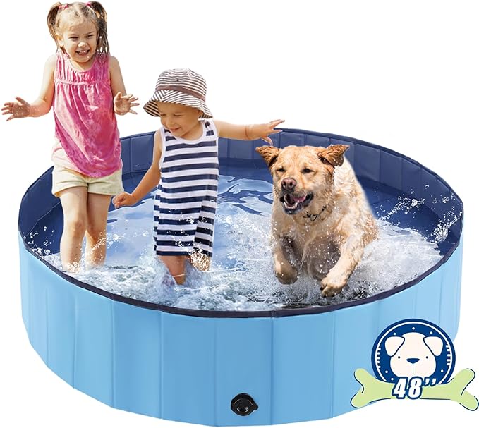 Eooqi Foldable Dog Pool, Portable Pet Bath Tub and Kiddie Swimming Pool, Collapsible Bathtub for Puppies, Small, Medium and Large Dogs, Cats and Kids, 48 x 12 in, Blue
