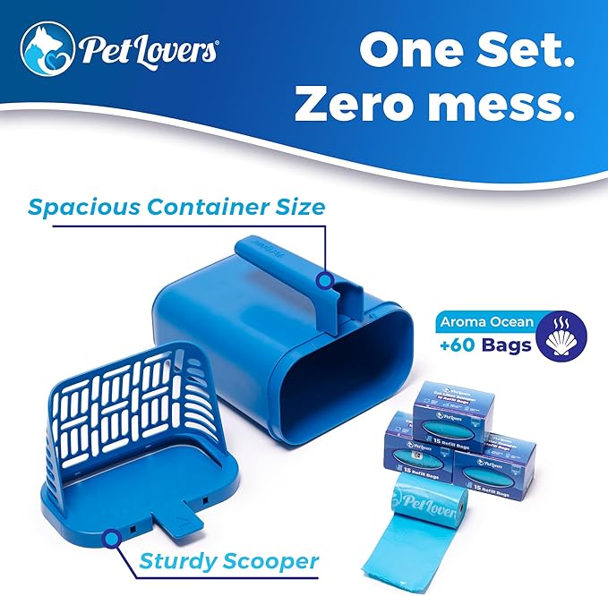 PetLovers Cat Litter Scooper with Built-in Bag, No-Touch One-Handed Kitty Litter Scoop for Open-Top Boxes 14+ Inches Wide, Hinged Clumping Poop Shovel, Seal & Toss Waste System (Bags Included)