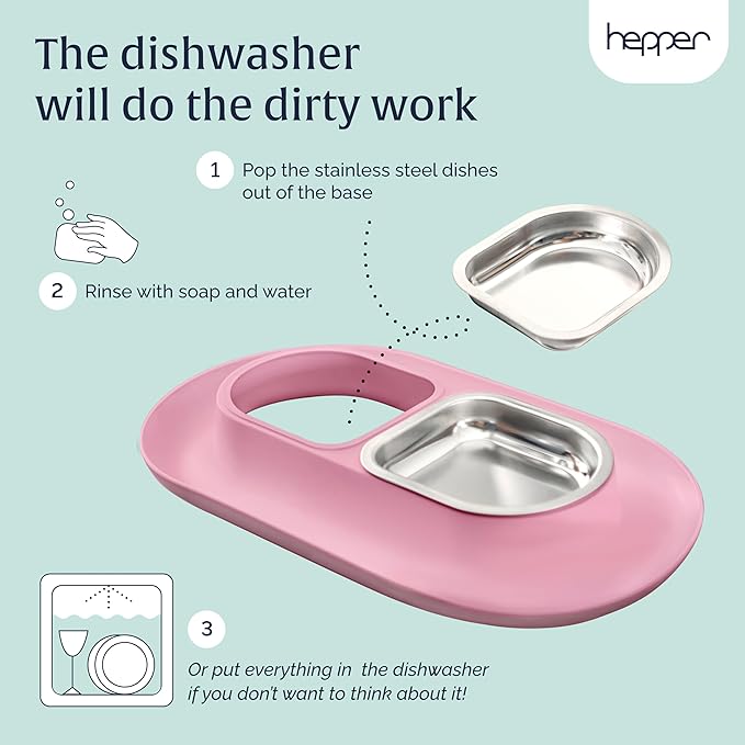 Hepper NomNom - Spill Proof Elevated Cat Bowls for Food and Water - Whisker Relief Bowl + Raised Cat Food Bowls: a Safe Dish for Messy Cats - Stainless Steel Bowl Station (Pink)