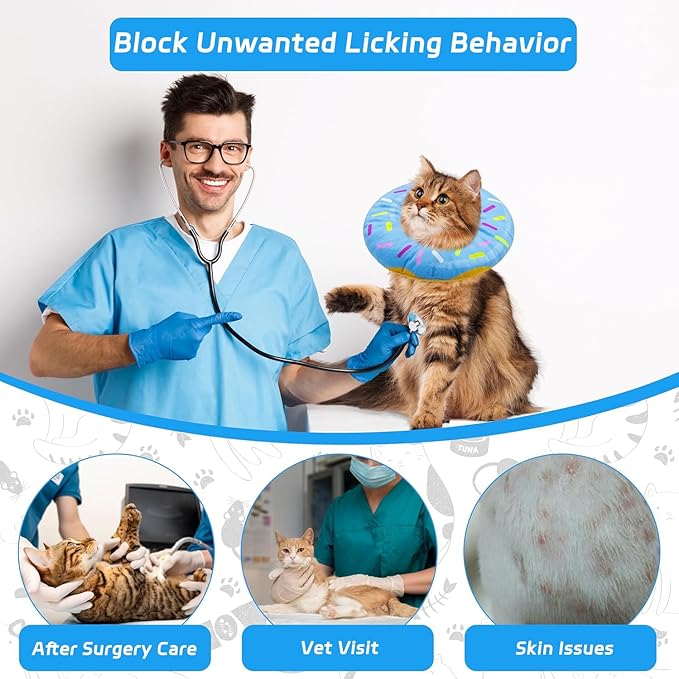 Seyezo Cat Cone Collar Soft, Adjustable Cat Recovery Collars Kitten Cones to Stop Licking, Cute Donut E Collar After Surgery, Anti-Lick Recovery Elizabethan Collar for Kittens(Donut Blue, Medium)