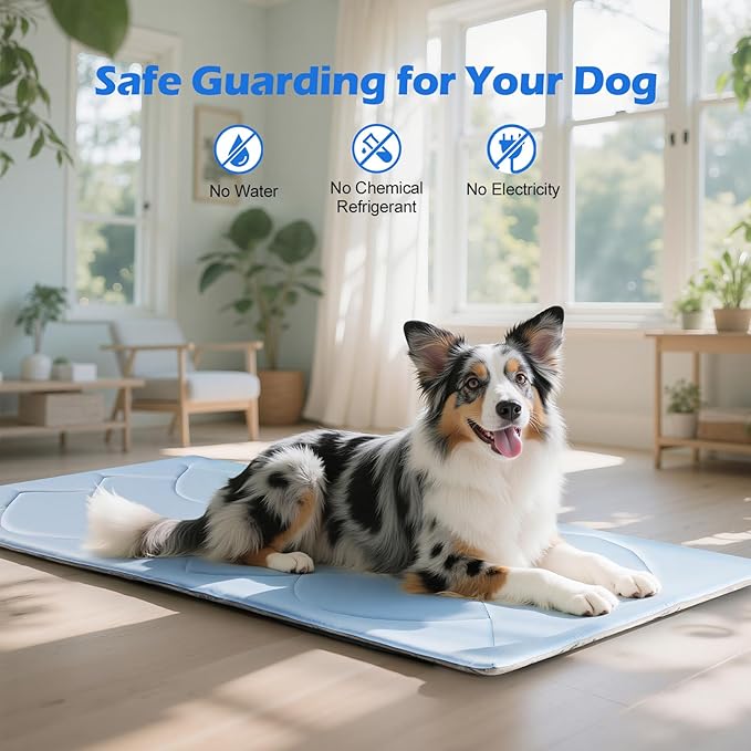 Dog Cooling Mat, 59'' × 40'' Extra Large, Q-Max>0.4 Self-Cooling Mat for Dog Reversible (Cool & Warm), Double-Sided Pet Cool Pads for Summer, Crate, Kennel, Machine Washable, Non-Gel, Blue+Grey